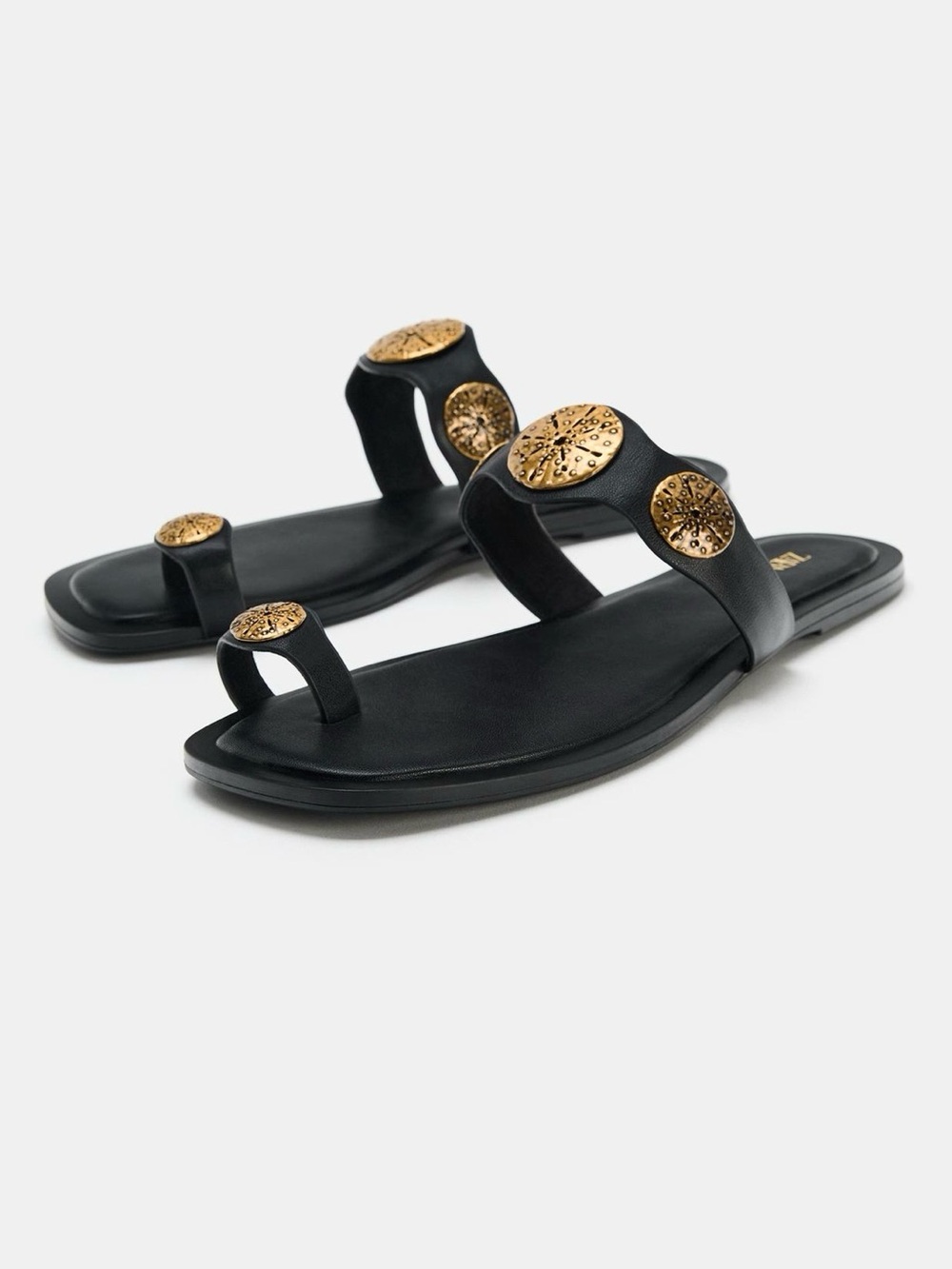 Zara Black Leather Toe-Loop Sandals with Brass Medallions - Women - Picture 2 of 4